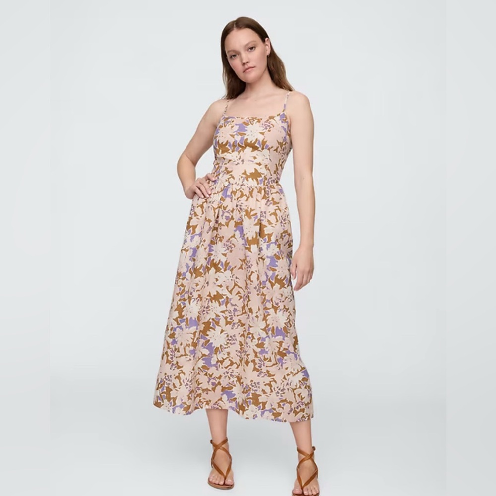Gap Floral Linen-Blend Dip-Waist Midi Dress Sz L